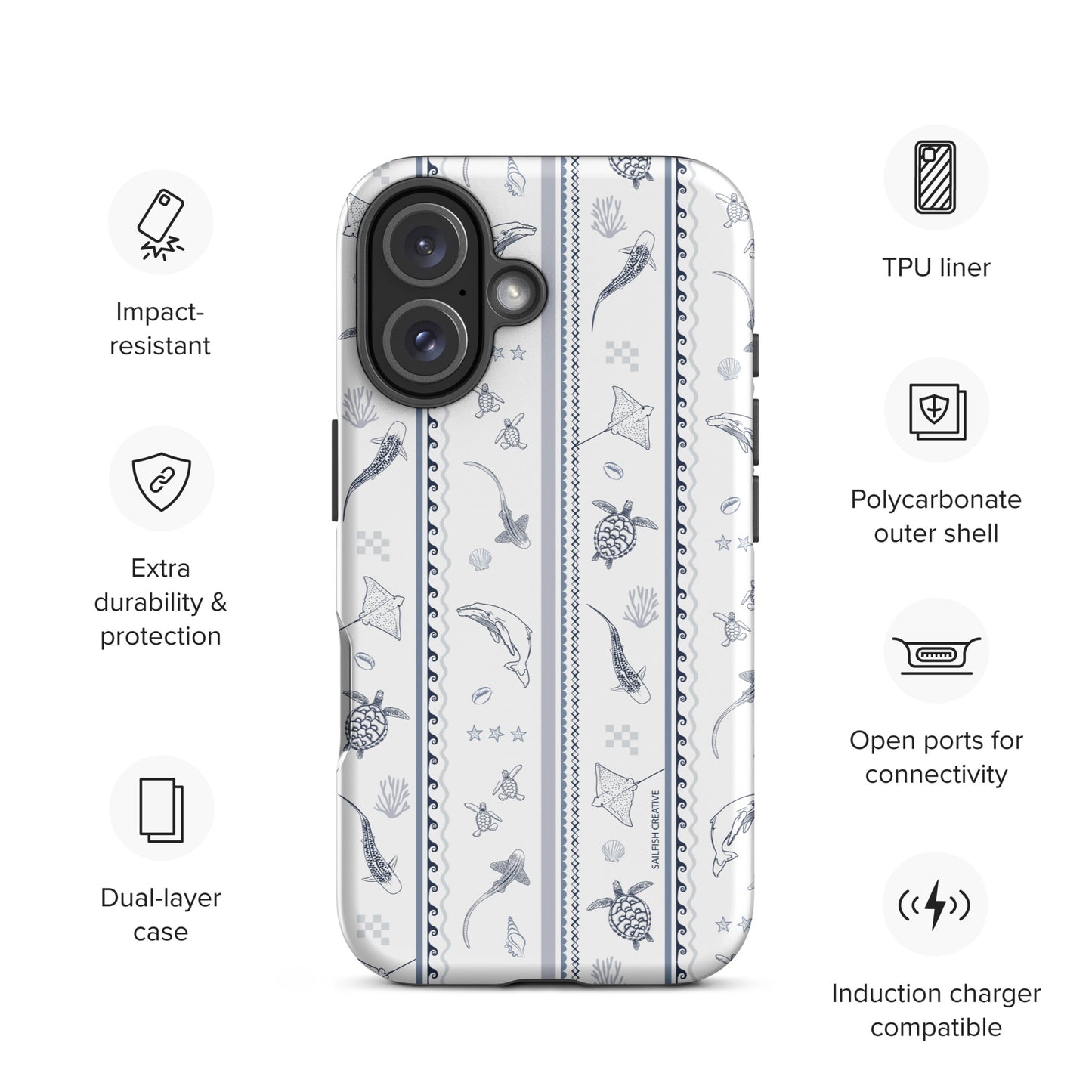 iPhone Tough Phone Case - Candy Stripes Overcast Blue on White