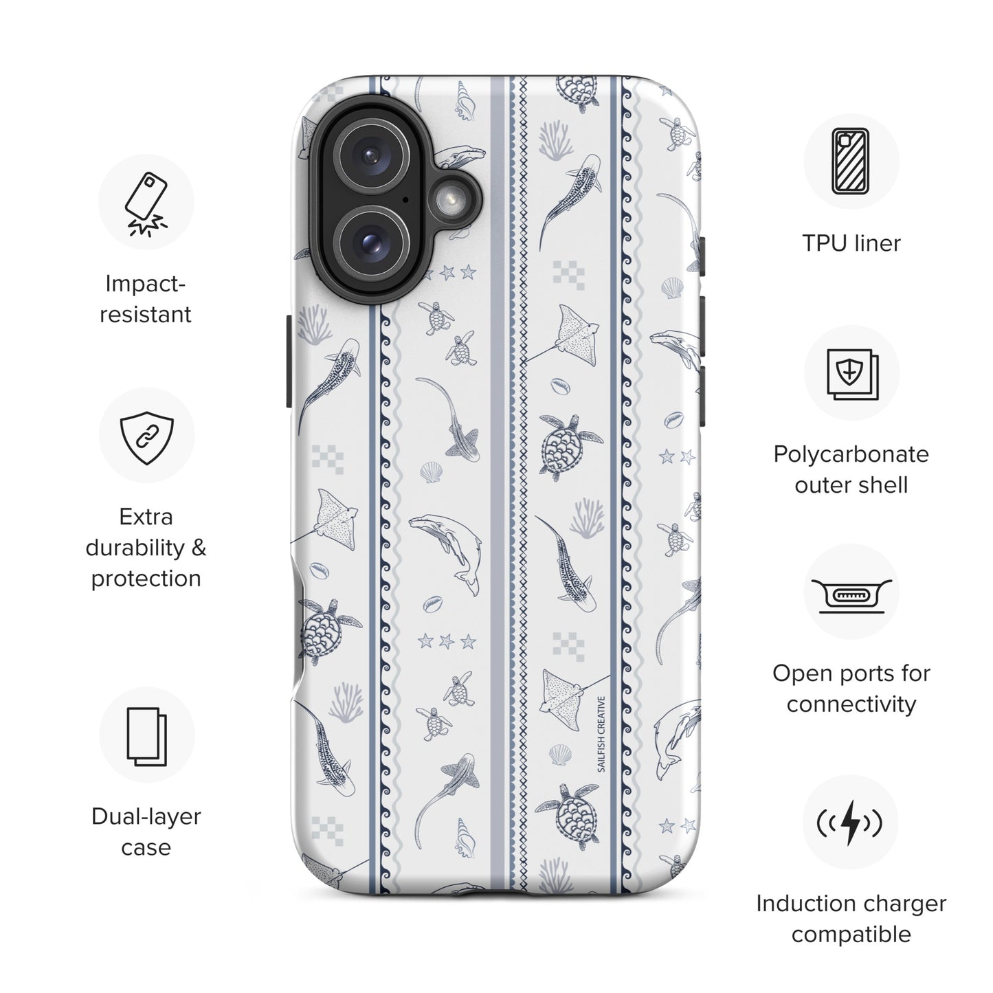 iPhone Tough Phone Case - Candy Stripes Overcast Blue on White