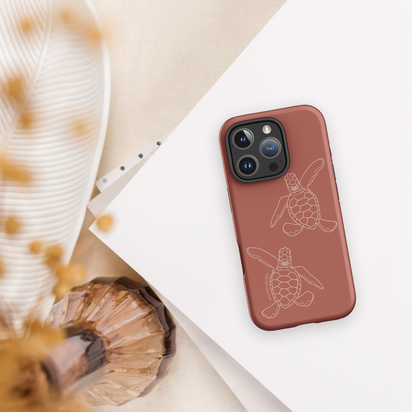 iPhone Tough Case - Turtle Hatchlings Outline Rusty Coral