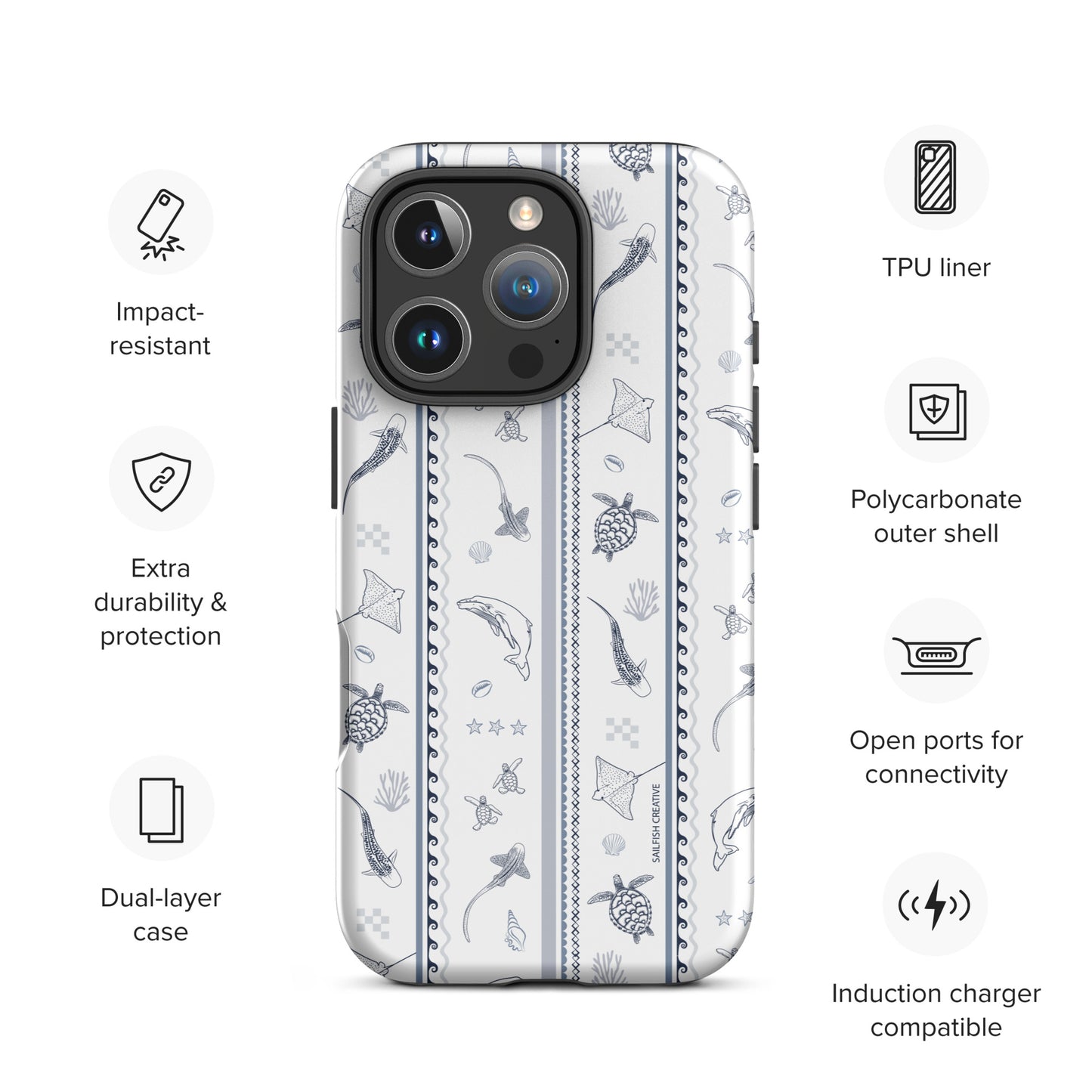 iPhone Tough Phone Case - Candy Stripes Overcast Blue on White