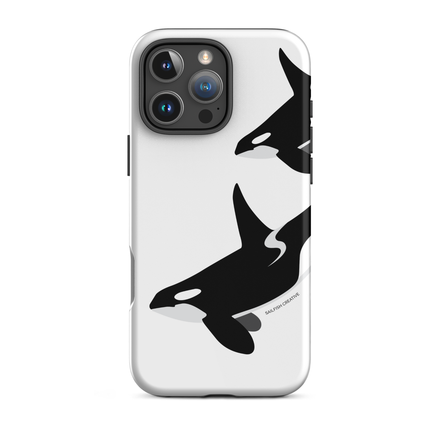 iPhone phone case with black and white orca killer whale design on white background