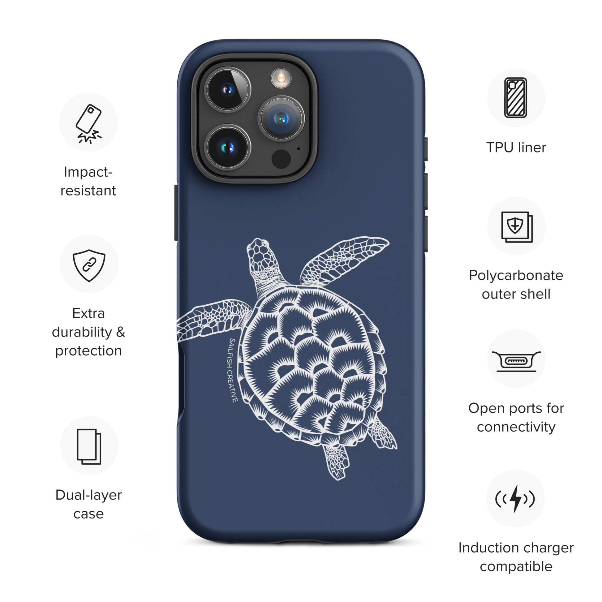 iPhone Tough Phone Case - Turtle Outline Navy - Sailfish Creative