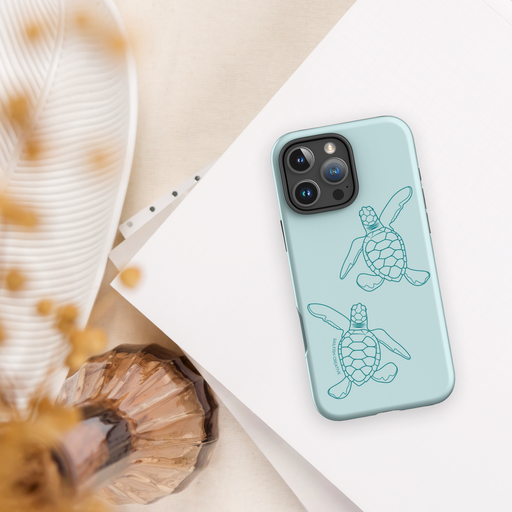 iPhone Tough Phone Case - Turtle Hatchlings Outline Teal - Sailfish Creative