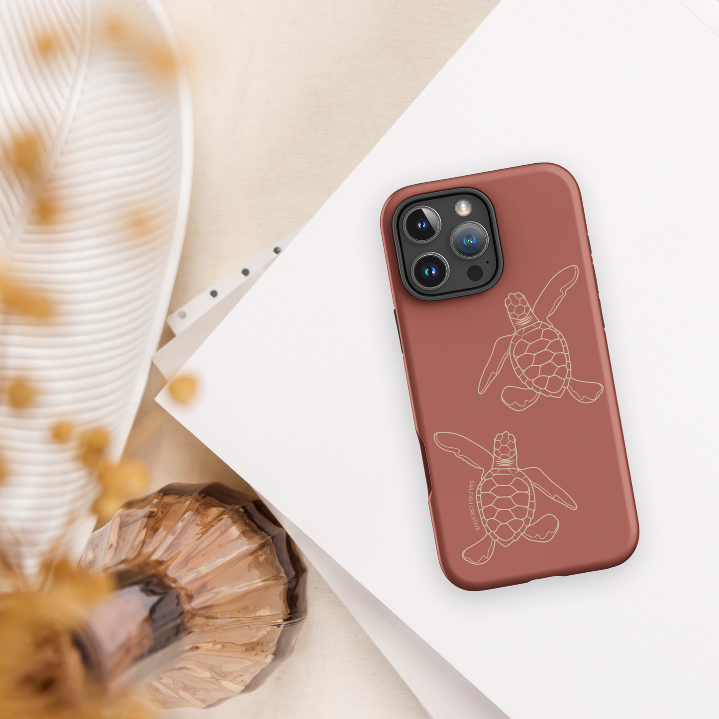 iPhone Tough Case - Turtle Hatchlings Outline Rusty Coral