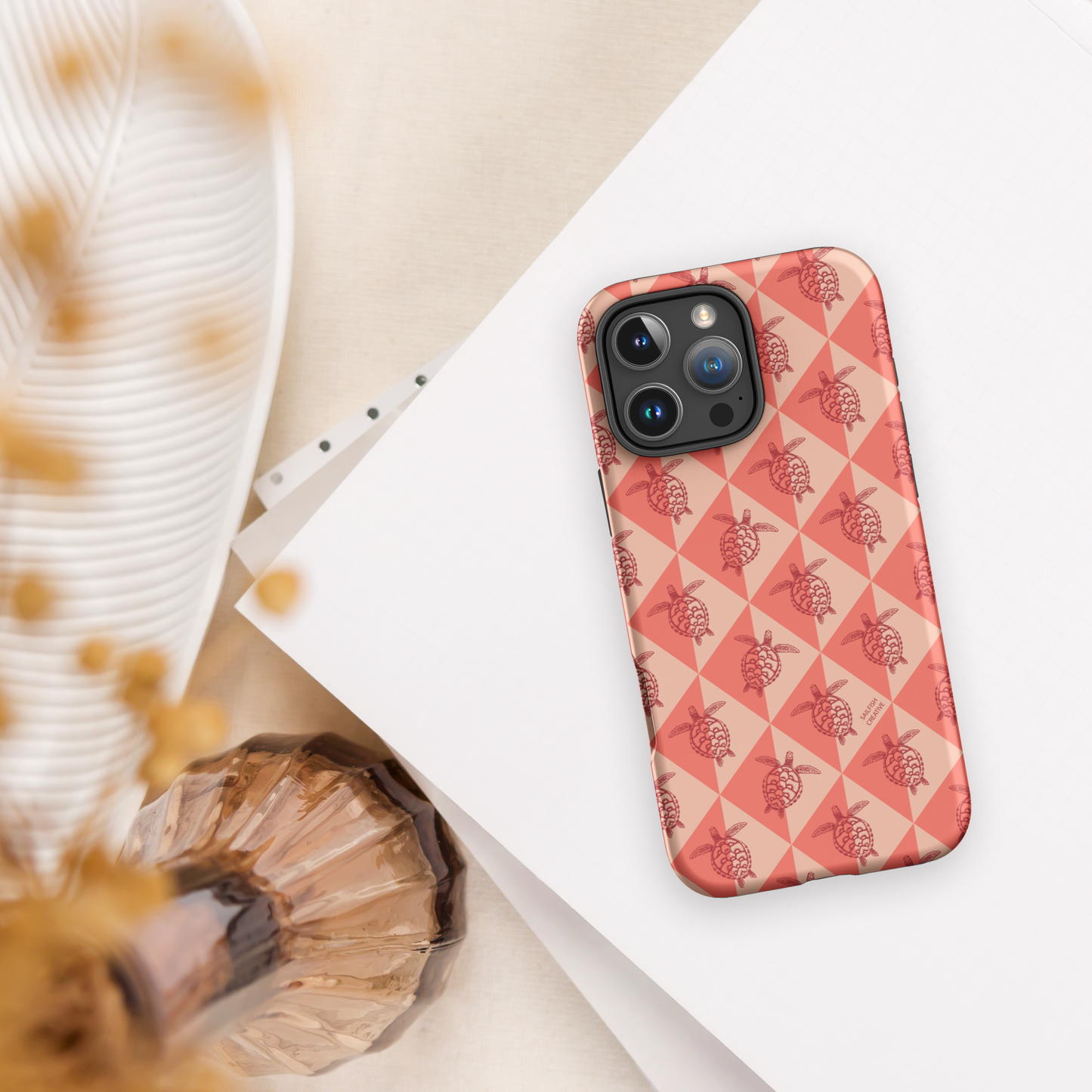 iPhone Tough Phone Case - Turtle Diamonds Coral