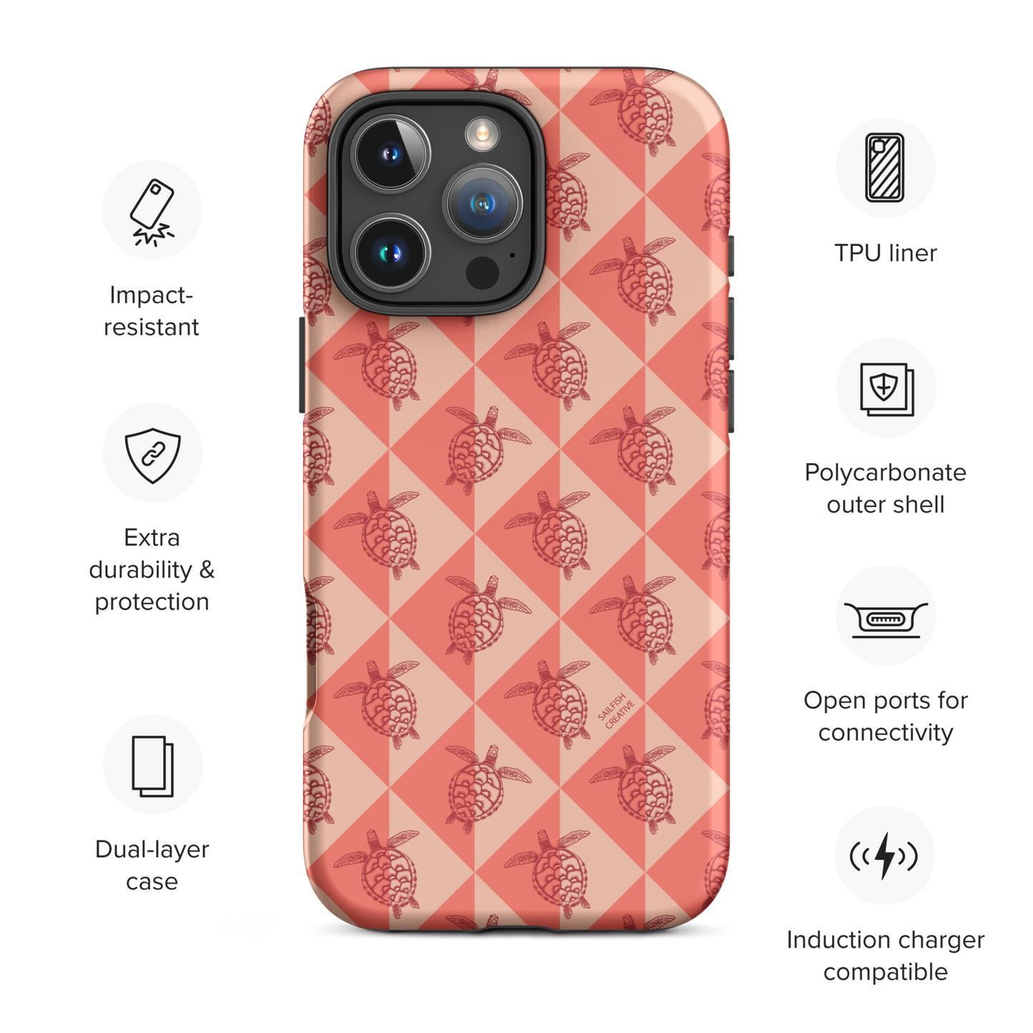 iPhone Tough Phone Case - Turtle Diamonds Coral