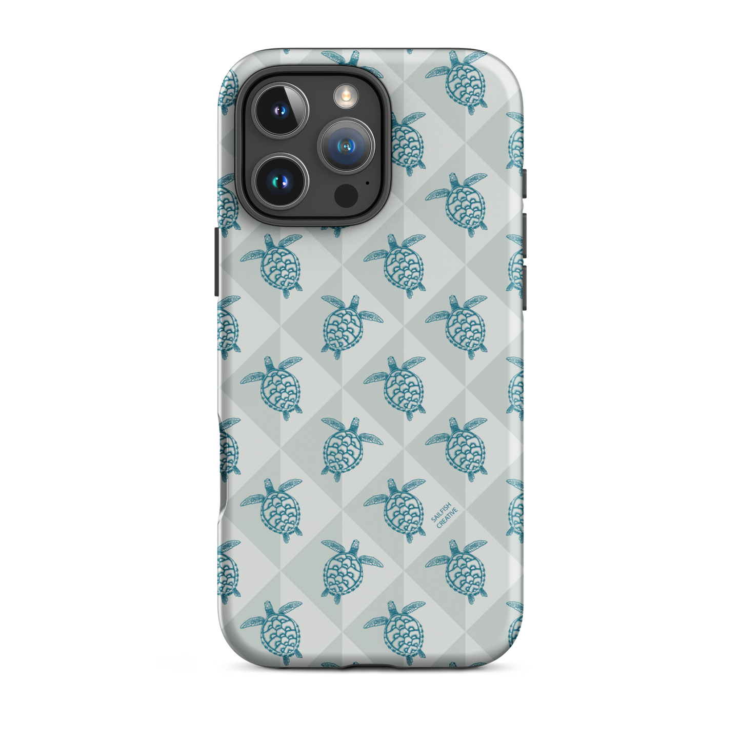 iPhone phone case with turtle diamond coastal storm pattern in blue tones