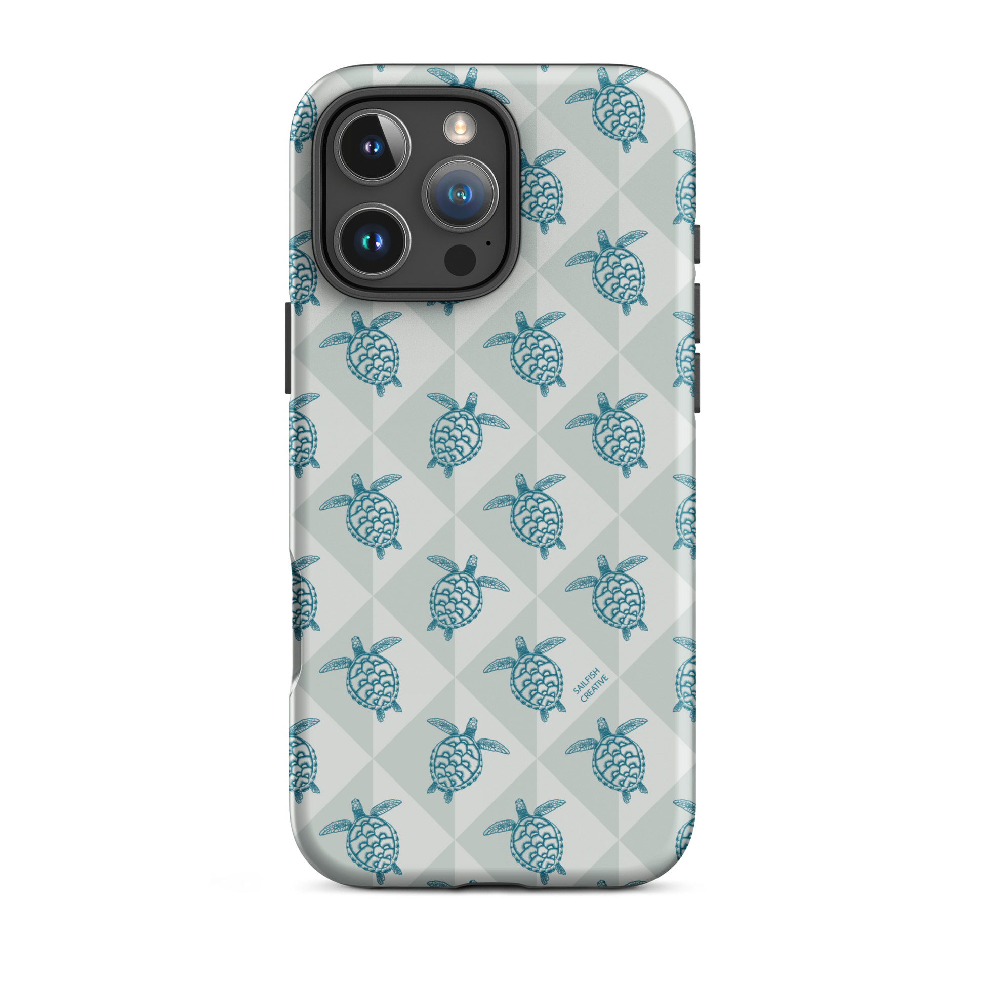 iPhone phone case with turtle diamond coastal storm pattern in blue tones