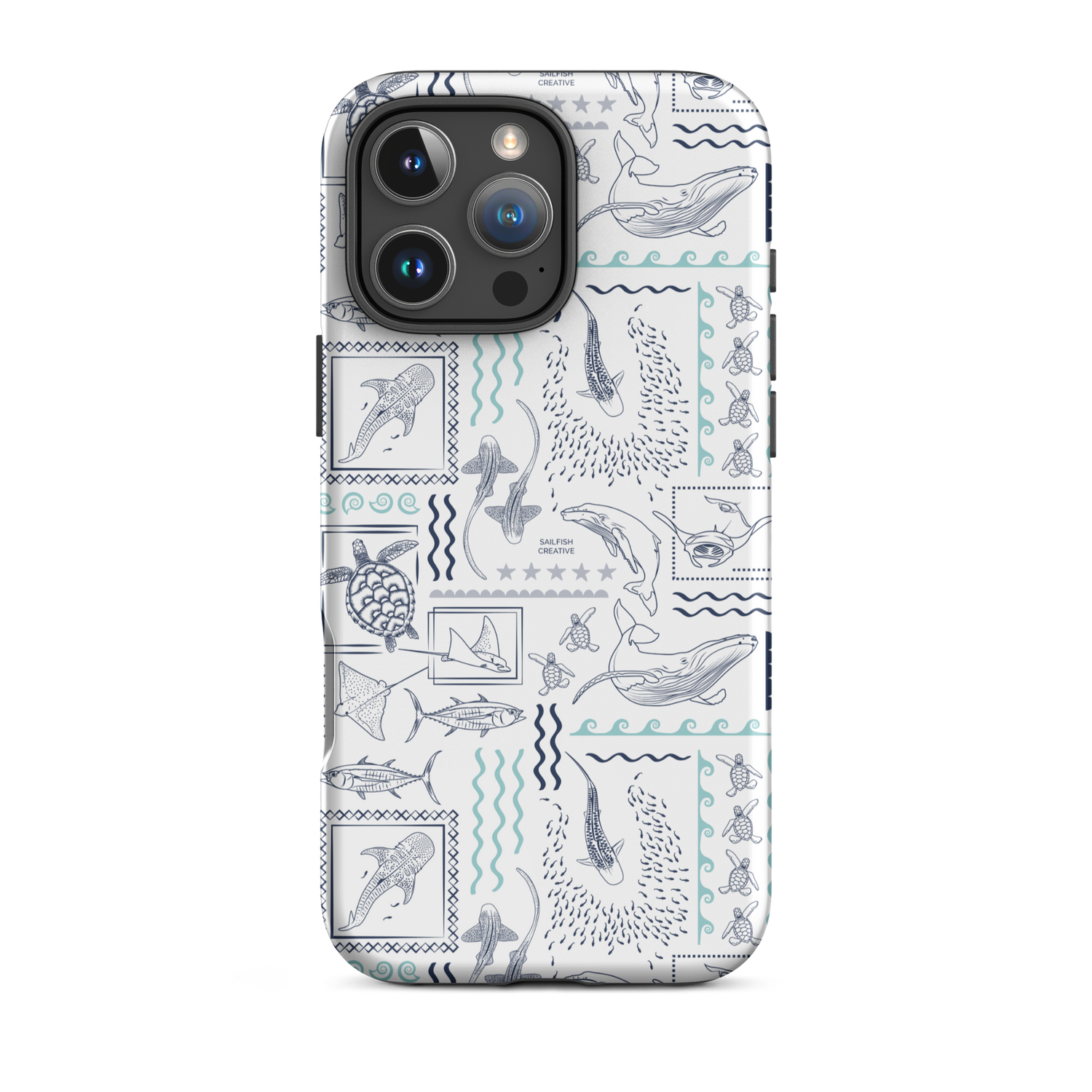 iPhone phone case with navy and teal ocean animal print on white background