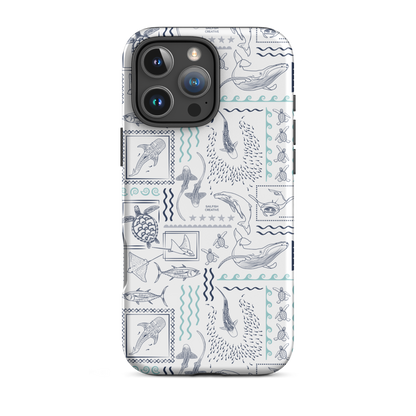 iPhone phone case with navy and teal ocean animal print on white background
