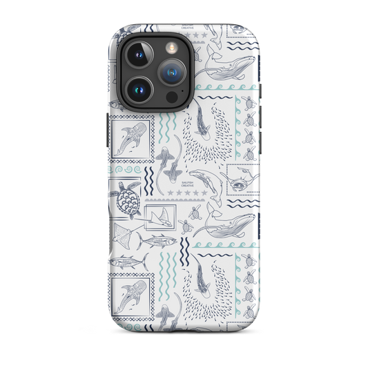 iPhone phone case with navy and teal ocean animal print on white background