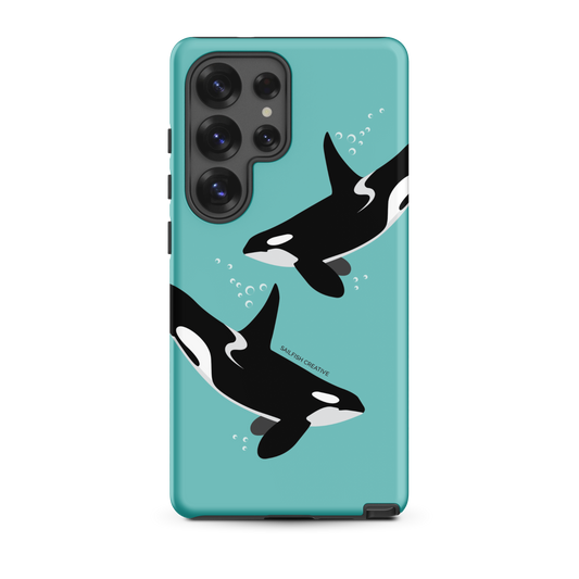 Samsung phone case in orcas blue design with killer whale illustration for tough and snap protection models