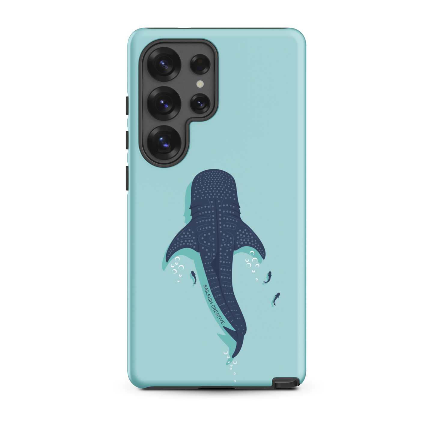 Samsung phone case with whale shark design on light blue background