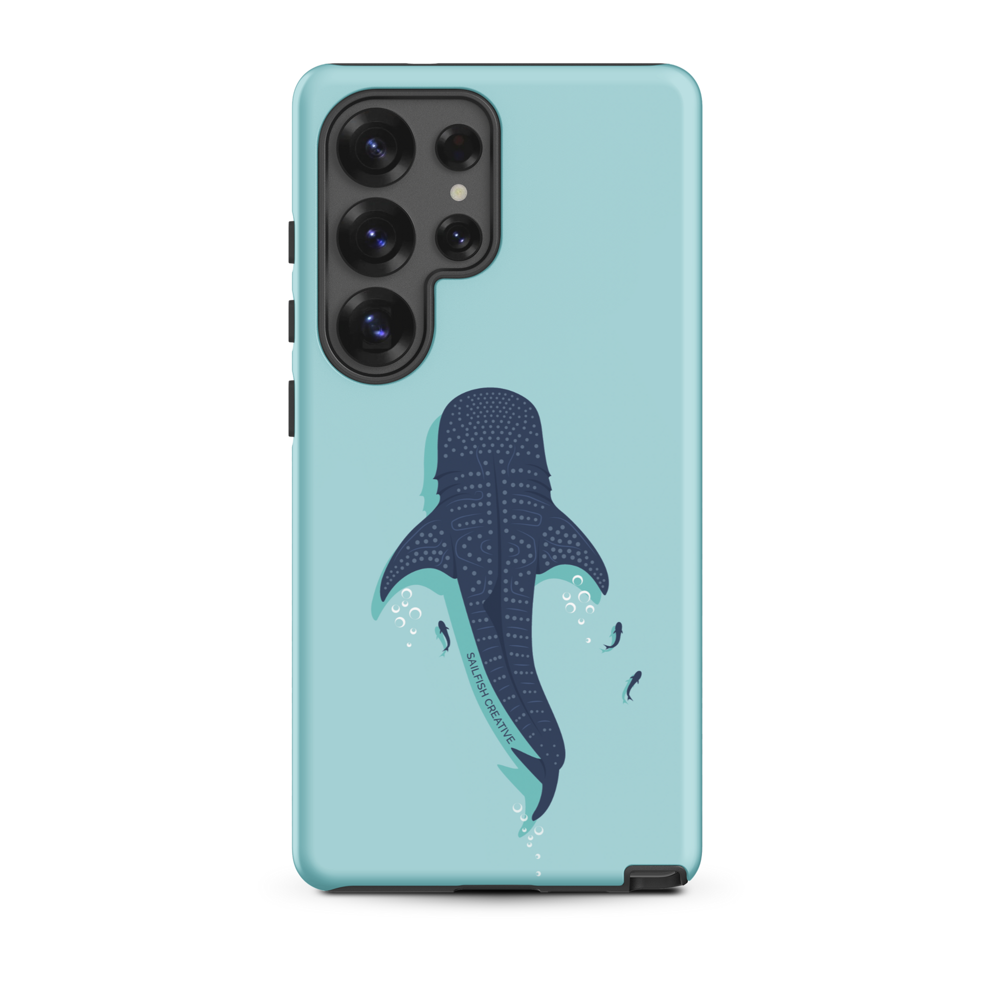Samsung phone case with whale shark design on light blue background