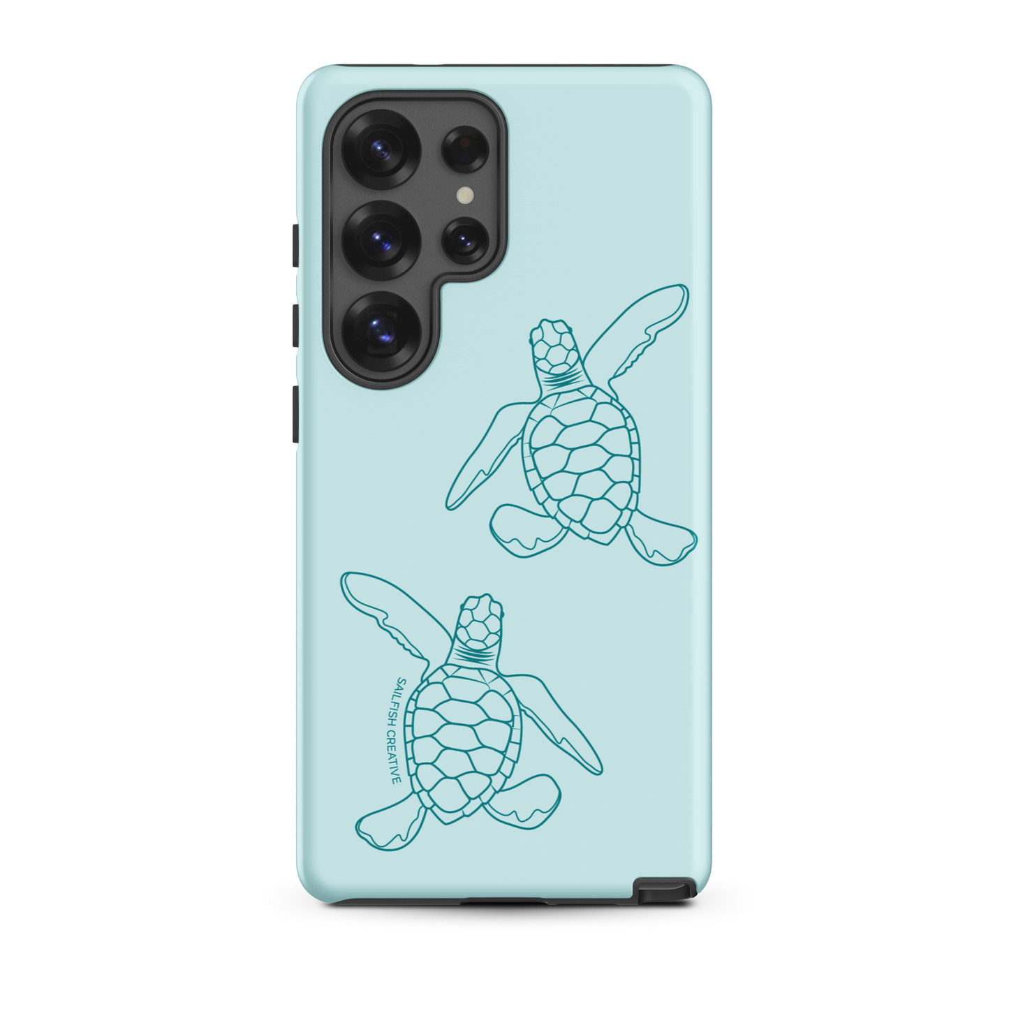 Teal Samsung phone case with turtle hatchlings outline design and tough protection option