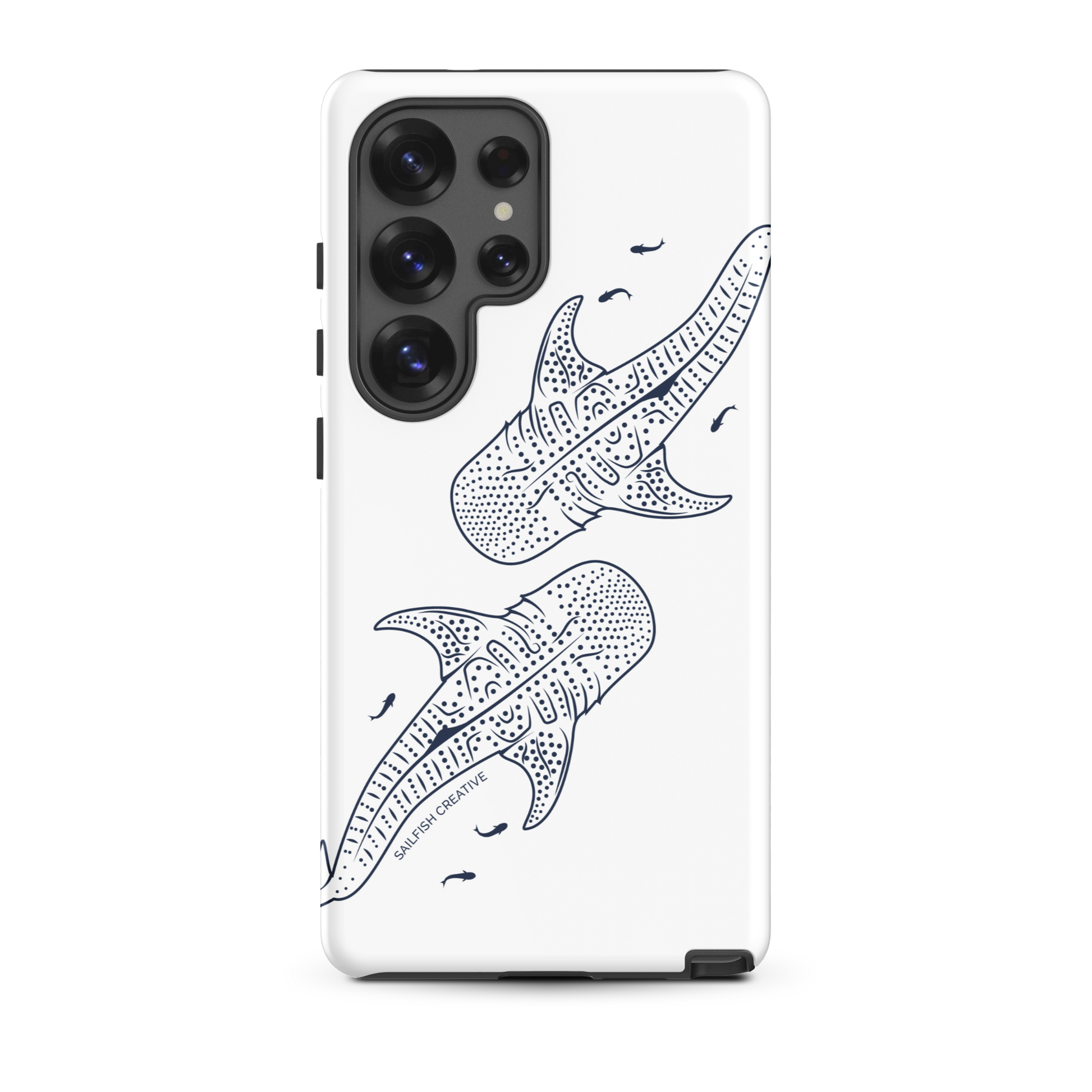 Samsung phone case with whale sharks outline design in white with navy blue details