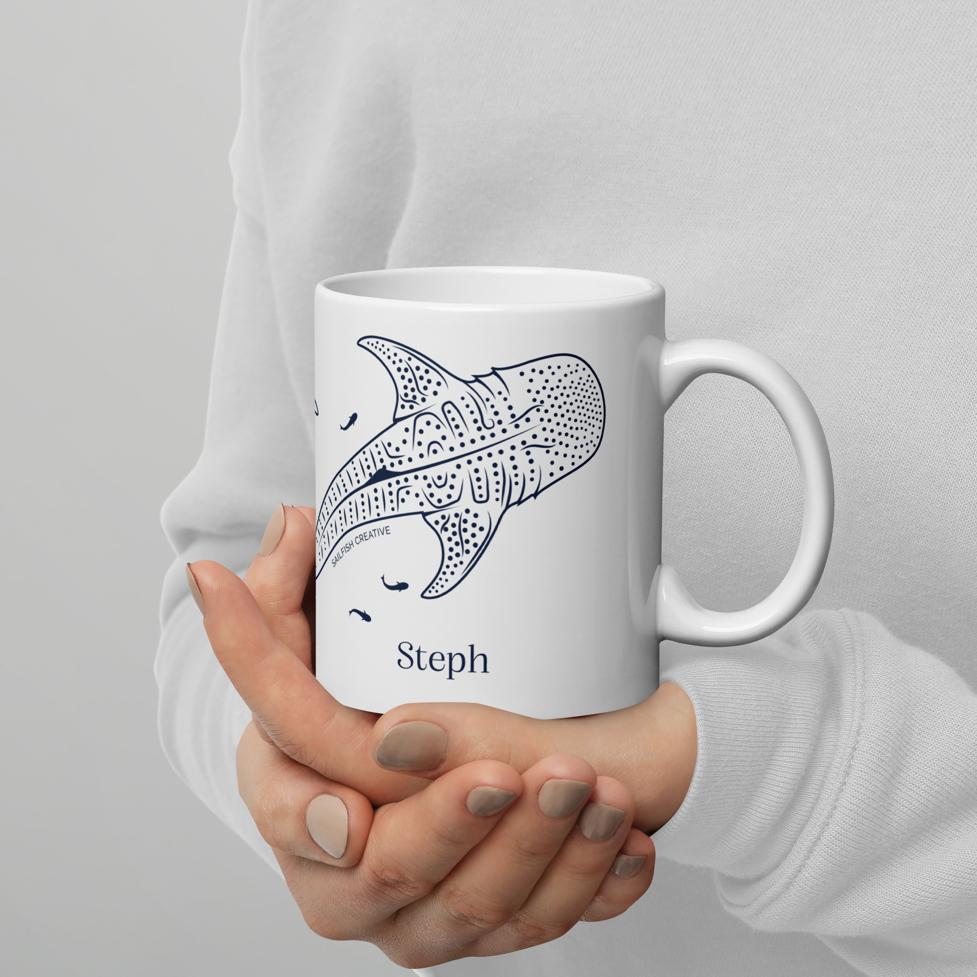 PERSONALISED ceramic mug with custom name and whale shark design, high gloss, dishwasher and microwave safe